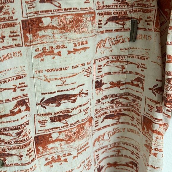 Vintage Woolrich Short Sleeve Button Down Fishing Lures Tan Rust Shirt Size L - Picture 5 of 11